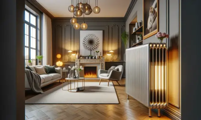 Un élégant salon moderne avec un canapé confortable, une cheminée et un radiateur électrique au design unique, illuminé de l'intérieur.