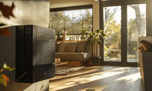 Un radiateur basse consommation noir, moderne, est fixé au mur d'un salon lumineux.