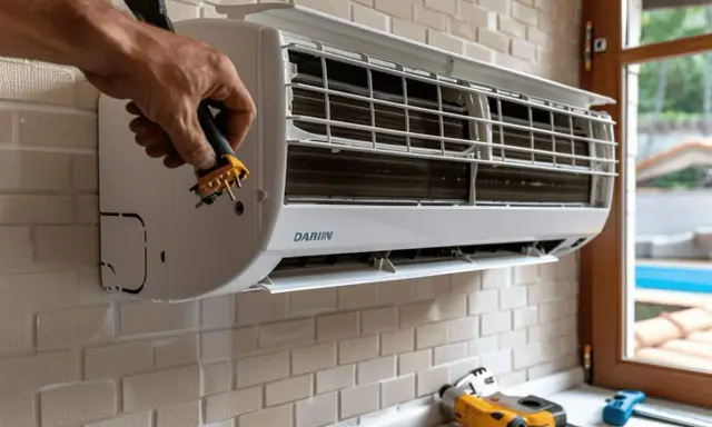 Main d'un technicien branchant un appareil Daikin. Prêt pour le mode chauffage clim Daikin.