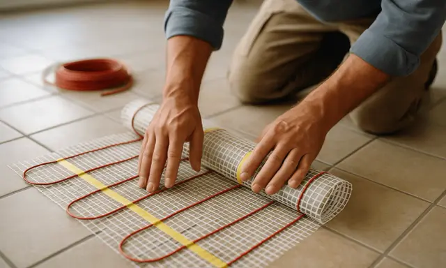 Pose d'un tapis chauffant pour plancher chauffant. La colle spéciale est prête pour la pose du carrelage.