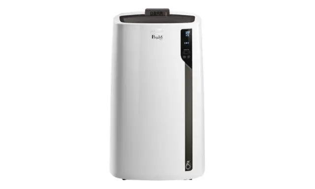 Climatiseur mobile blanc DeLonghi Pinguino PAC EL92 Silent, avec écran numérique et logo pingouin.