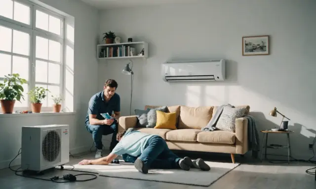 Deux hommes s'occupent d'une unité extérieure de climatisation, peut-être en raison d'une panne de climatisation. L'un est penché sur l'appareil, l'autre consulte une tablette.