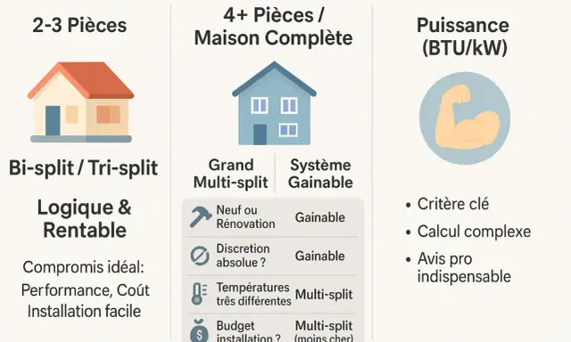 Comparaison de systèmes de climatisation : bi-split pour 2-3 pièces, multi-split pour maisons complètes, et puissance. La technologie inverter est clé pour un calcul complexe.