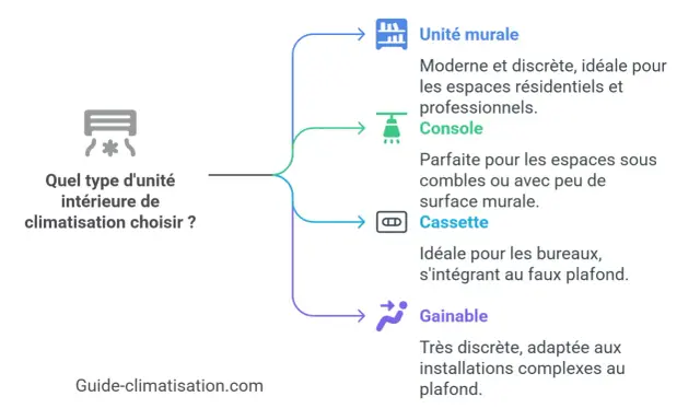Schéma comparant les unités intérieures de climatisation : murale, console, cassette, gainable. Aide à choisir le bon type de dimension split clim.