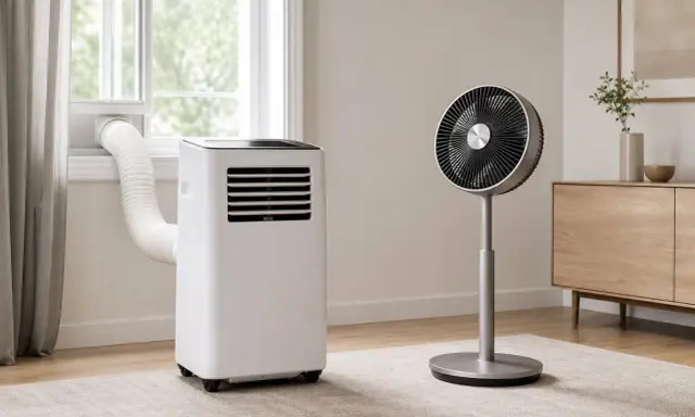 Un climatiseur sans évacuation, avec son tuyau dirigé vers la fenêtre, et un ventilateur sur pied dans une pièce lumineuse.