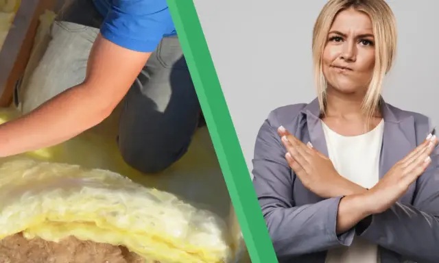 Comparatif isolant : pose de laine de verre et femme faisant un signe d'arrêt.