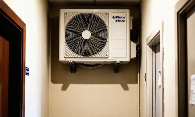 Clim dans couloir pour refroidir les chambres. L'unité extérieure d'un climatiseur est fixée au mur, prête à diffuser de la fraîcheur.