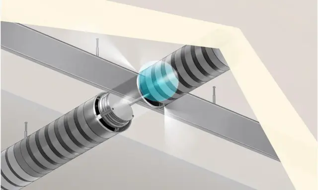 Schéma d'installation d'une clim réversible gainable : conduits métalliques fixés au plafond, avec une zone de diffusion d'air bleuée.