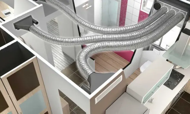 Vue en coupe d'une maison montrant les conduits d'un système de chauffage gainable. L'inconvénient chauffage gainable est l'encombrement des tuyaux dans les faux plafonds.