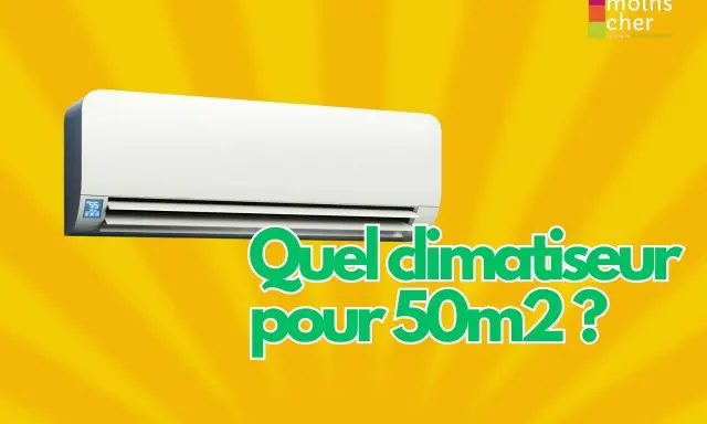 Climatiseur mural blanc sur fond jaune. Le texte demande "Quel climatiseur pour 50m2?". Un bilan thermique est essentiel pour choisir.