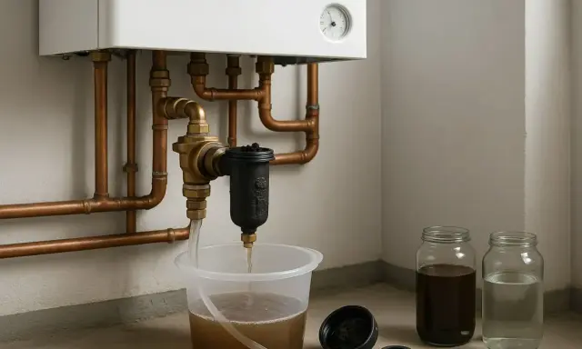 Nettoyage du circuit d'un plancher chauffant : de l'eau boueuse s'écoule d'un filtre vers un seau, montrant l'importance du désembouage.