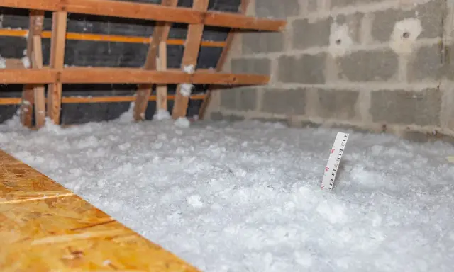Isolation des combles par soufflage : une épaisse couche d'isolant blanc recouvre le sol, une règle mesure l'épaisseur.