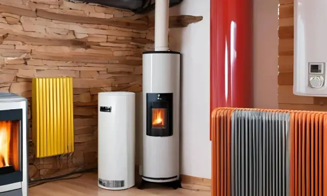 Plusieurs appareils de chauffage, dont des poêles à granulés et des radiateurs, sont présentés, offrant des solutions de chauffage économique pour votre foyer.