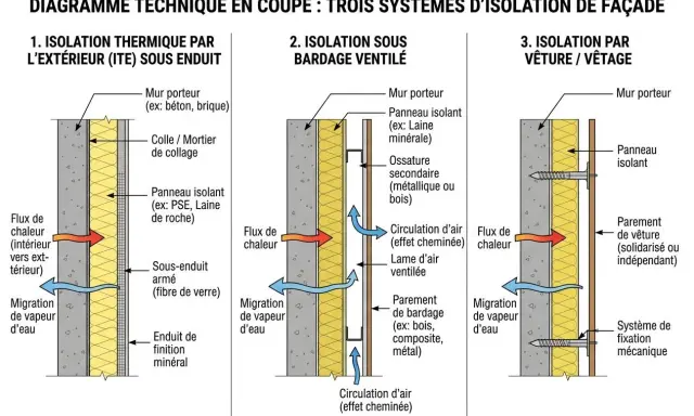 Diagramme comparant trois systèmes d'isolation extérieure maison : ITE sous enduit, bardage ventilé, et vêture.
