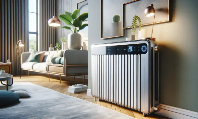 Radiateur moderne au design épuré, idéal pour un salon. Son écran affiche 20°C, suggérant le confort thermique.