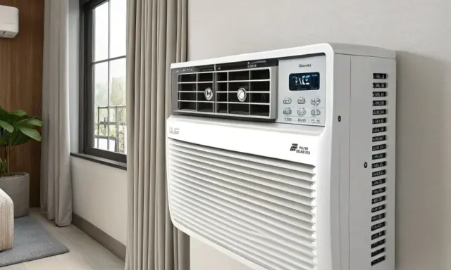 Clim discret blanc installé dans une pièce lumineuse, près d'une fenêtre avec des rideaux beiges.