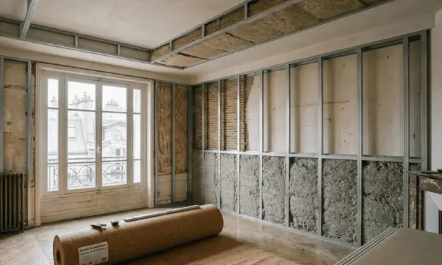 Travaux d'isolation dans un appartement : ossature métallique pour le plafond et les murs, matériaux isolants apparents.