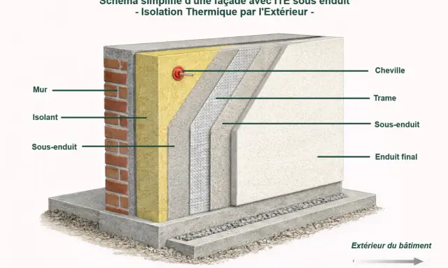 Coupe d'une façade montrant le ravalement avec isolation extérieure (ITE) : mur, isolant, sous-enduit, trame, et enduit final.