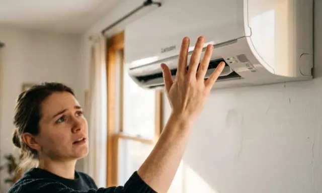 Une femme vérifie son clim qui souffle un air chaud, l'air désemparé.