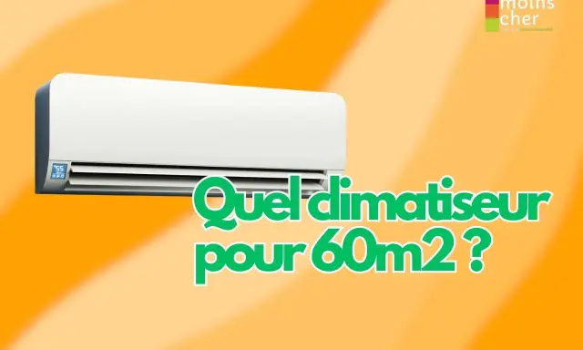 Climatiseur mural blanc sur fond orange. Le texte "Quel climatiseur pour 60m2 ?" est affiché en gros caractères verts.