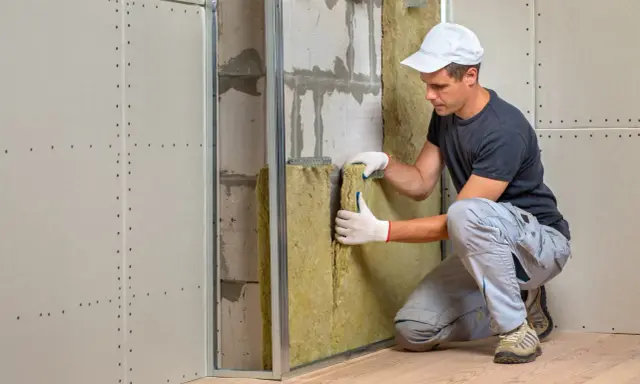 Un ouvrier installe un isolant minéral pour l'isolation mur intérieur. Le chantier progresse.