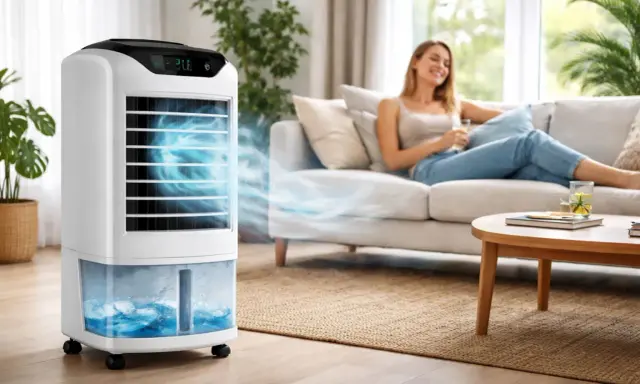 Climatiseur mobile sans évacuation diffusant une brise fraîche. Une femme détendue sur un canapé, profitant du confort.