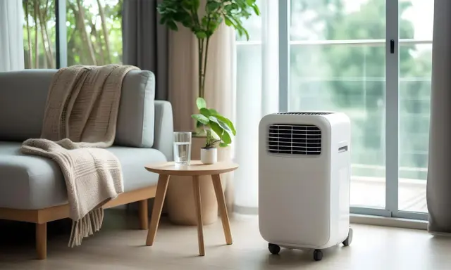 Un salon confortable avec un canapé douillet, une plante verte et un climatiseur mobile puissant pour un confort optimal.