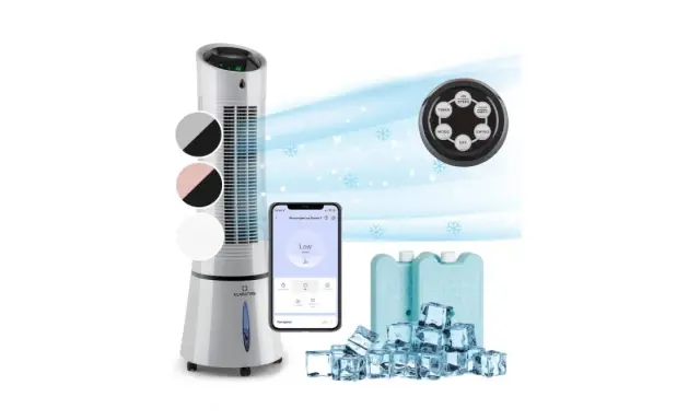 Le Klarstein climatiseur sans évacuation, avec télécommande et application mobile, accompagné de blocs de glace pour un maximum de fraîcheur.