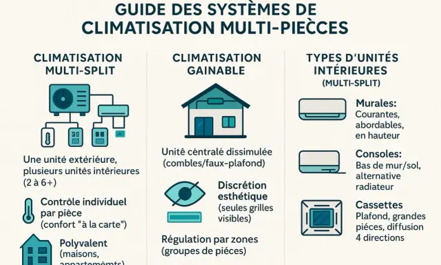 Guide des systèmes de climatisation multi-pièces : un split extérieur pour plusieurs unités intérieures, avec différents types d'unités intérieures (murales, consoles, cassettes).