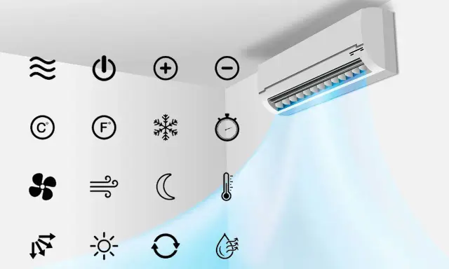 Climatiseur diffusant de l'air frais. Icônes de réglage : température, ventilateur, minuterie, et voyant flocon de neige signification de froid.
