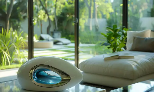 Appareil futuriste au design épuré, son rôle de l'évaporateur frigorifique est de rafraîchir l'air ambiant d'un salon moderne donnant sur un jardin luxuriant.