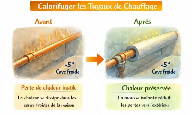 Avant/Après : calorifuger les tuyaux de chauffage pour éviter la perte de chaleur dans une cave froide.
