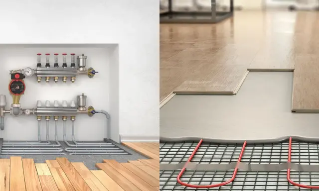 Système de chauffage par le sol : le réglage température plancher chauffant est assuré par un collecteur et des tuyaux intégrés sous le parquet.