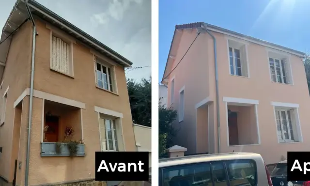 Avant/après : la maison a gagné en éclat avec son isolation extérieure refaite. Les façades sont plus claires et nettes.