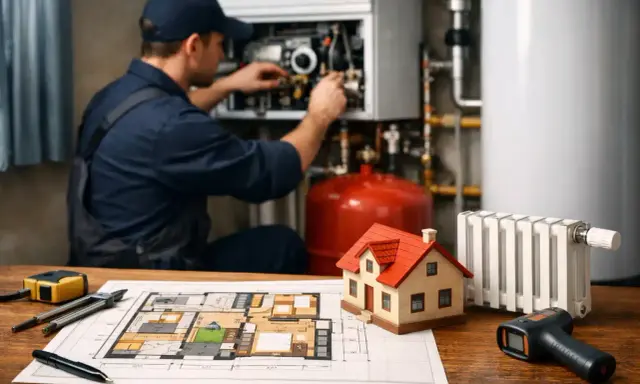 Planification du prix d'installation du chauffage pour une maison de 120m2. Un technicien travaille sur une chaudière.