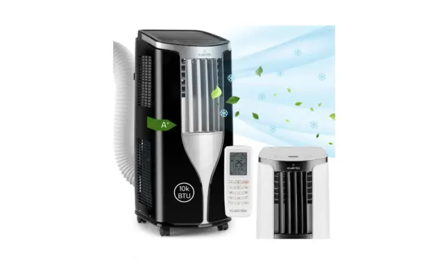 Climatiseur mobile Klarstein New Breeze 7, noir, avec télécommande et une unité blanche. L'efficacité énergétique A+ est visible.