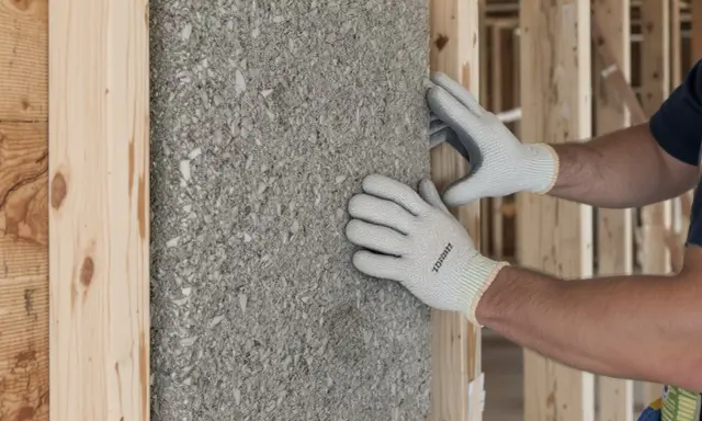 Pose d'isolant en laine de roche dans une structure en bois. Les avantages et inconvénients de ce matériau sont à considérer pour une isolation efficace.