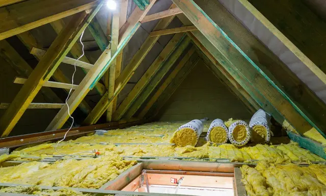 Travaux en cours pour isoler les combles. Rouleaux d'isolant jaune posés sur la structure en bois, sous un éclairage vif.