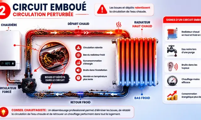 Schéma montrant comment les boues dans le circuit empêchent mes radiateurs de chauffer. L'eau chaude circule mal, le bas des radiateurs reste froid.