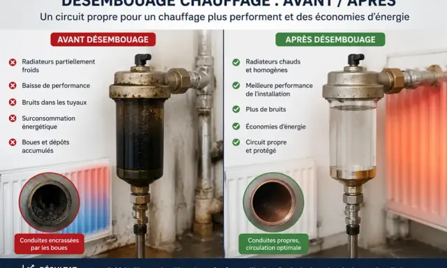 Avant/après désembouage radiateur : circuit encrassé vs propre, améliorant performance et économies d'énergie.