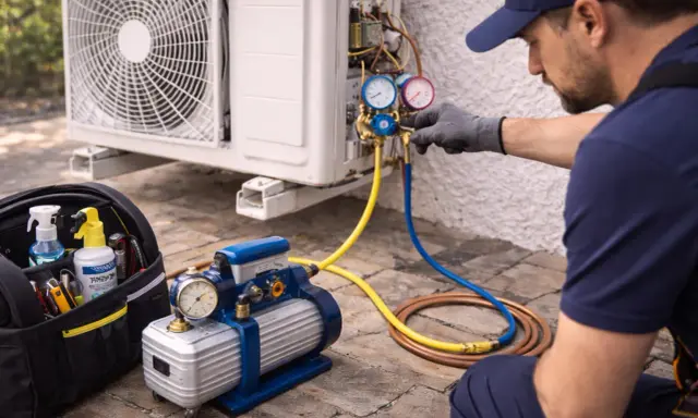 Technicien vérifiant la pression d'une clim. Il utilise un manomètre et des tuyaux pour savoir comment purger une clim sans pompe à vide.