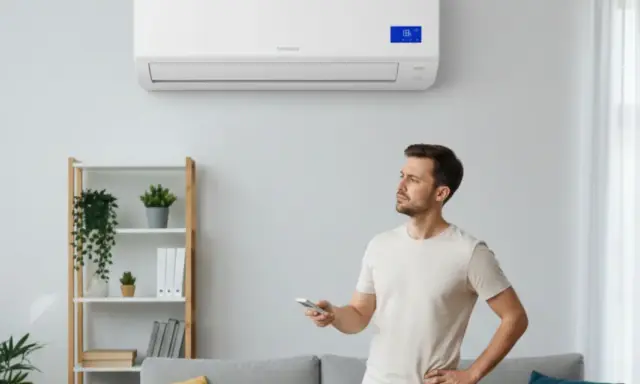Un homme réfléchit à la question : faut-il laisser tourner une clim en permanence en mode chauffage ? Il tient une télécommande, regardant l'appareil mural.