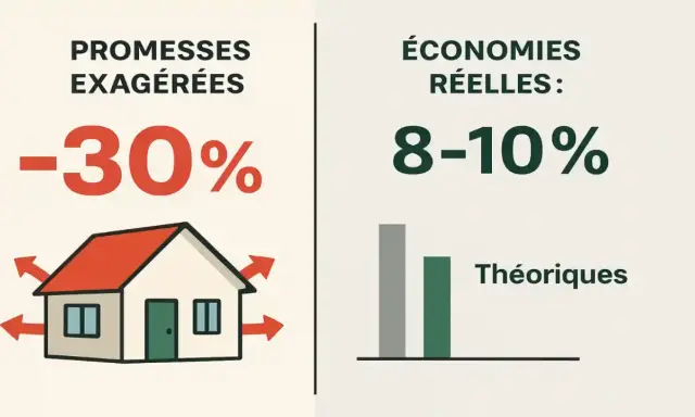 Comparaison des promesses d'isolation des combles : -30% théoriques vs 8-10% réels.