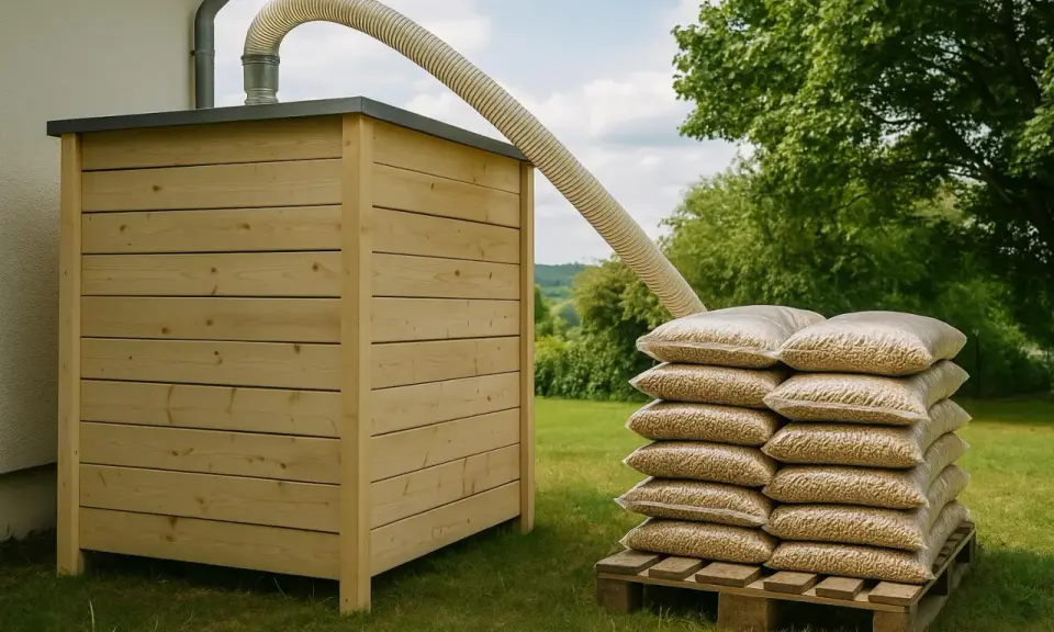 Stock de granulés de bois pour une chaudière à granulés avis. Un tuyau souple relie le silo en bois à la pile de sacs.
