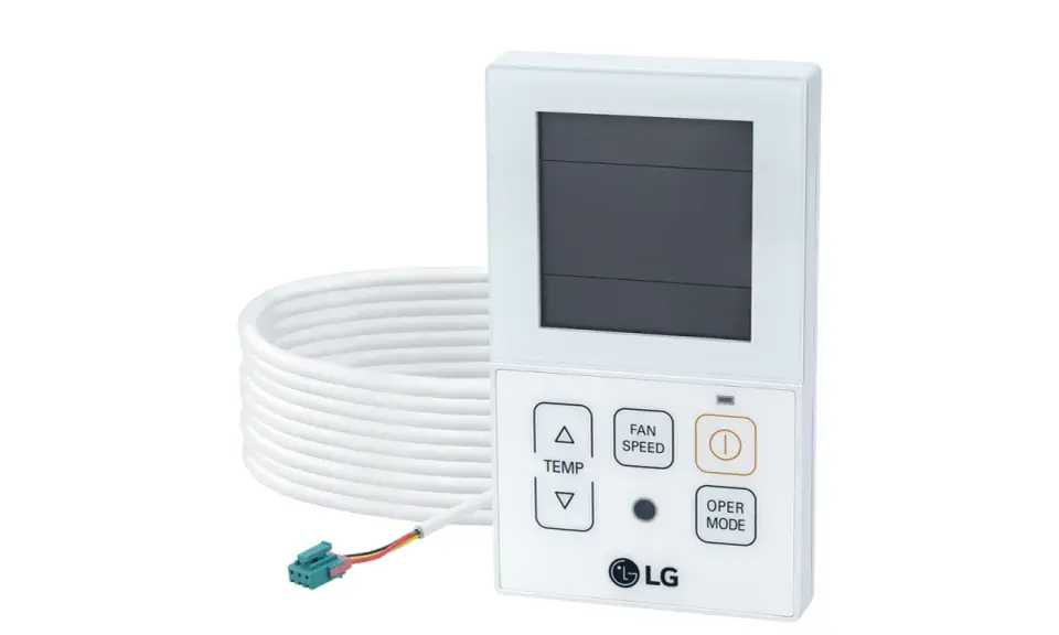 Télécommande LG pour climatiseur, avec câble blanc enroulé. Ce manuel vous guide pour son utilisation.