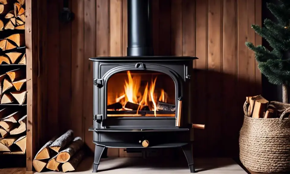 Un poêle à bois noir crache des flammes vives, réchauffant une pièce aux murs lambrissés. Du bois est empilé à gauche et dans un panier à droite, prêt pour le tirage poele a bois.