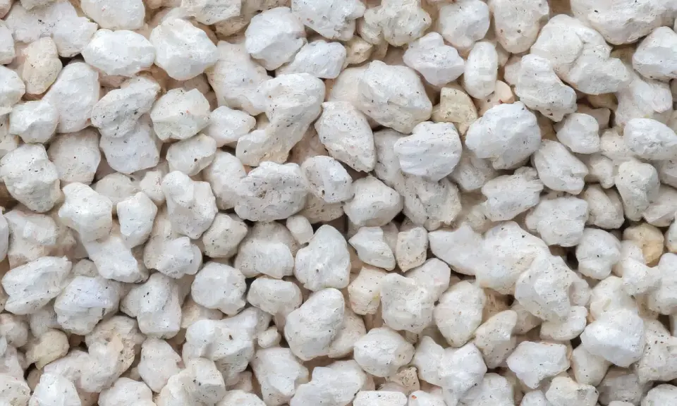 Gros plan sur des granulés blancs et irréguliers, parfaits pour la perlite isolation.