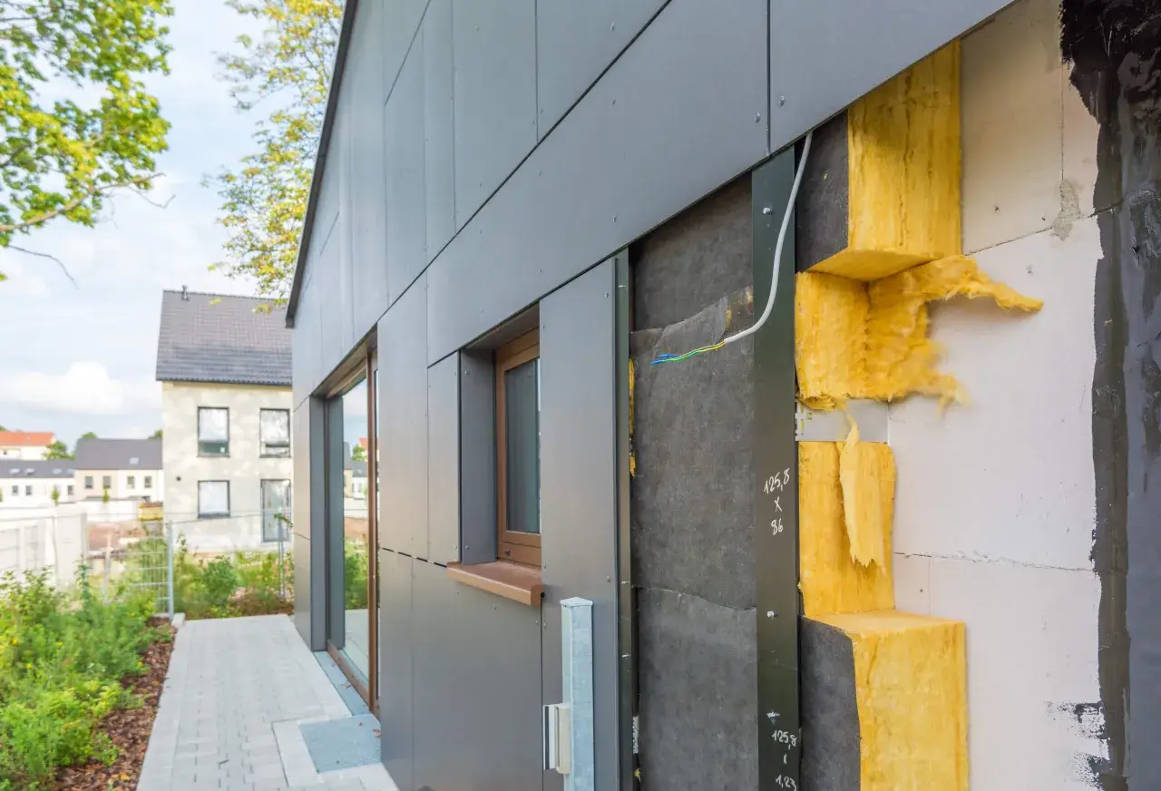 Construction d'une maison moderne avec isolation par l'extérieur visible. Panneaux gris, laine de roche jaune et mur en béton.