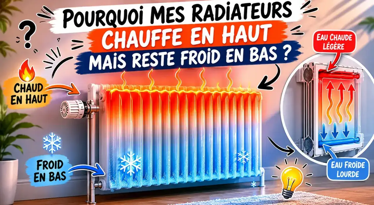 Un radiateur qui chauffe en haut et reste froid en bas, avec des fl&egrave;ches expliquant le ph&eacute;nom&egrave;ne : l'eau chaude l&eacute;g&egrave;re monte, l'eau froide lourde descend.