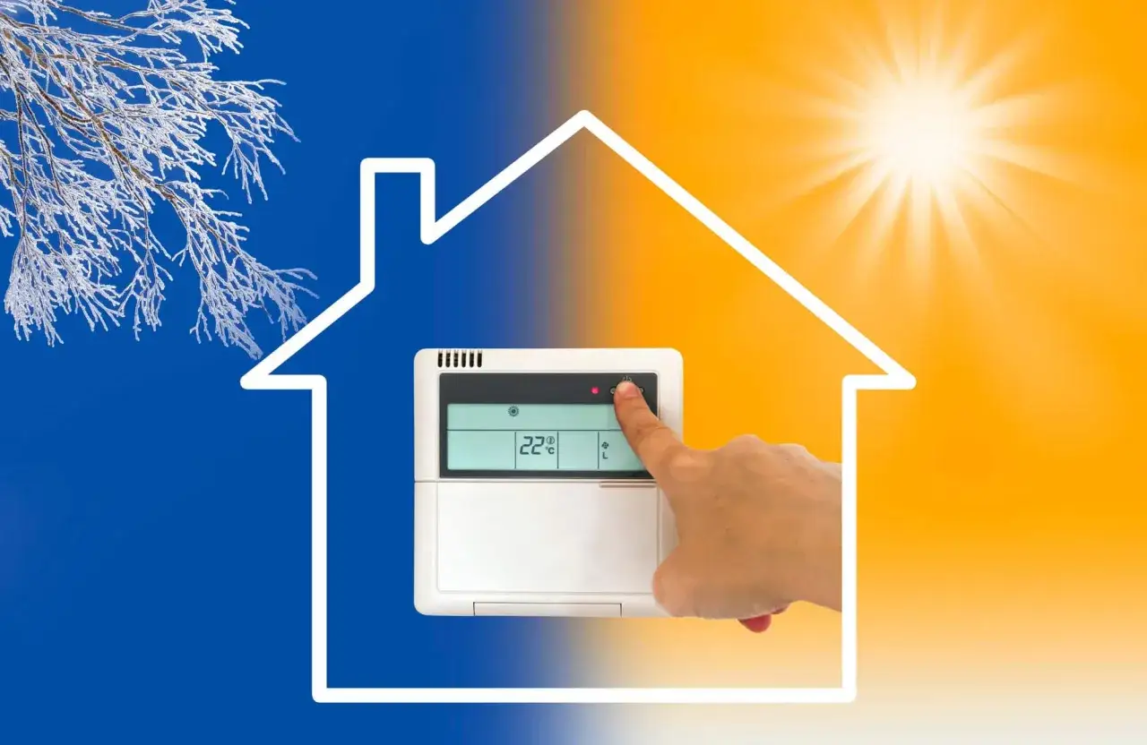 Une main ajuste un thermostat affichant 22&deg;C, symbolisant le confort toute l'ann&eacute;e gr&acirc;ce au chauffage clim r&eacute;versible, entre un paysage hivernal et un soleil d'&eacute;t&eacute;.